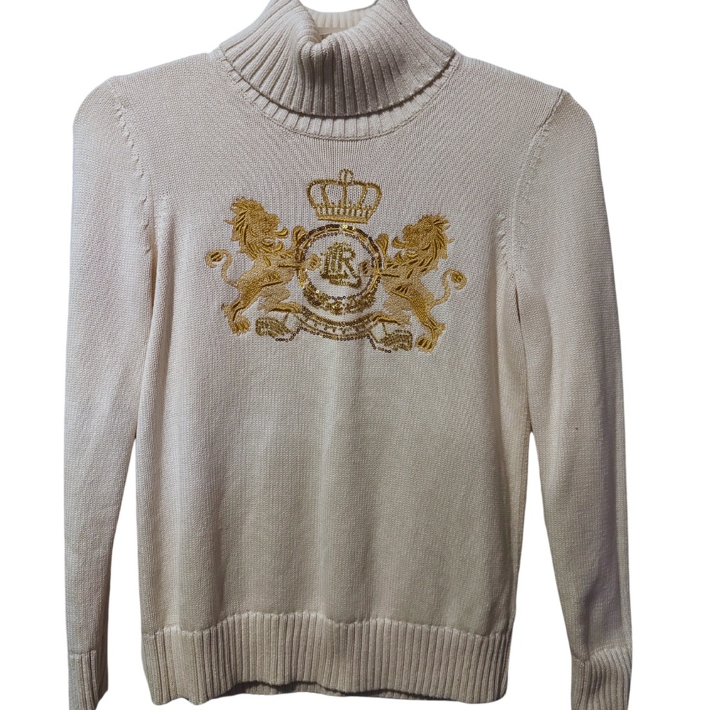Cream Turtleneck Sweater with Gold Embroidery
